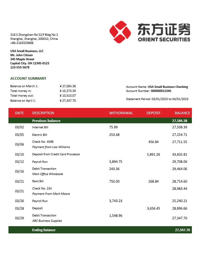 Modèle Word et PDF de relevé bancaire professionnel d'Orient Securities